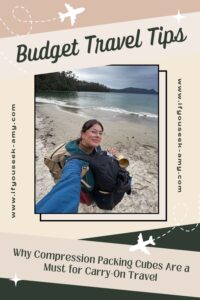 Solo traveler at the beach with two large backpacks, showing compact travel packing.