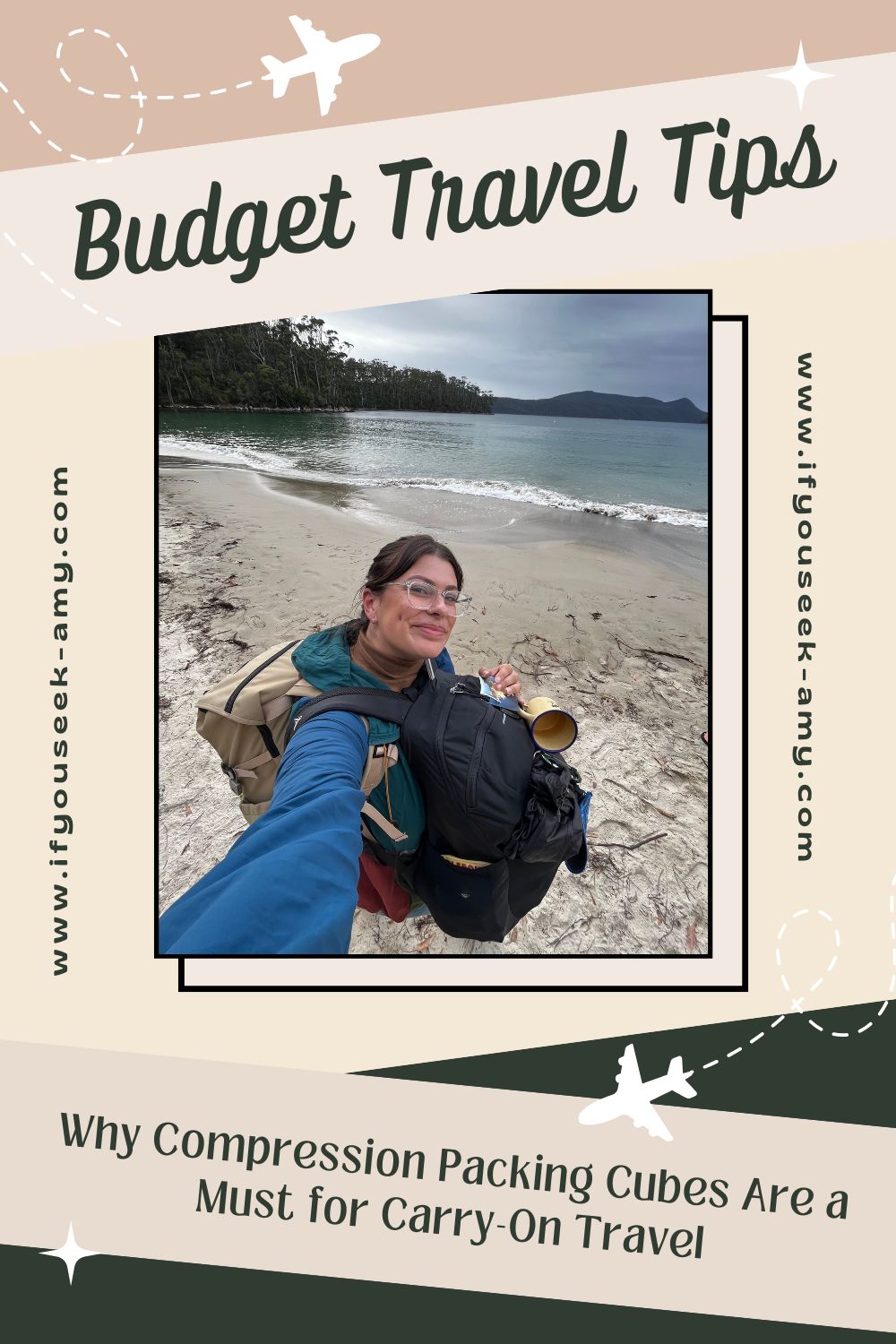 Solo traveler at the beach with two large backpacks, showing compact travel packing.