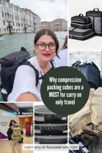 Collage of a solo female traveler with a backpack, airport scenes, and compression cubes in use.