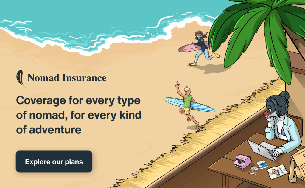 banner with a beach and a traveller enjoying the view. text describing safety wing travel insurance nomad coverage